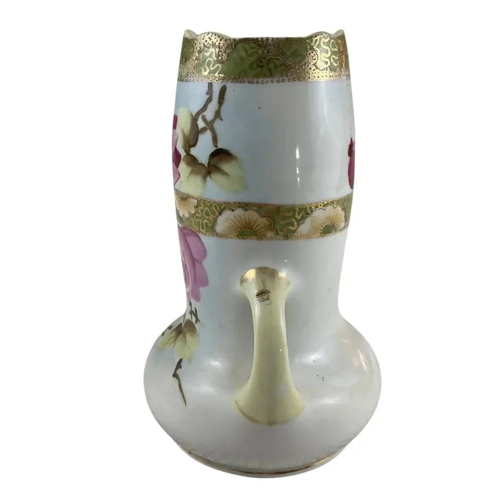 Nippon Vase Jug 2 Handled Hand Painted Pink Rose Green & Gold 8